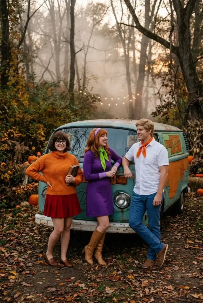 Three people dressed as Scooby-Doo characters standing by a vintage van in a foggy forest with pumpkins and fallen leaves.