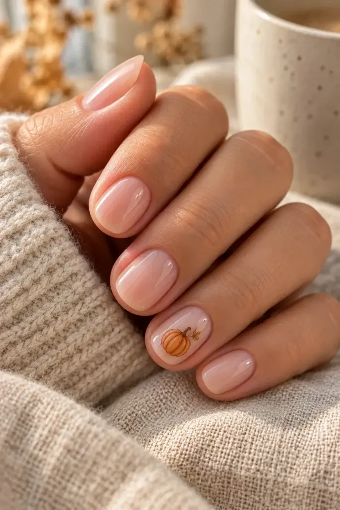 Sheer nude manicure with one delicate minimalist pumpkin outline.