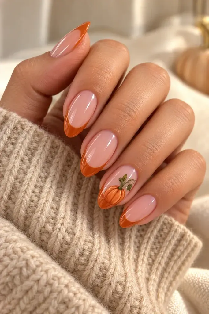 Sheer pink almond nails with pumpkin-orange French tips and one pumpkin accent.
