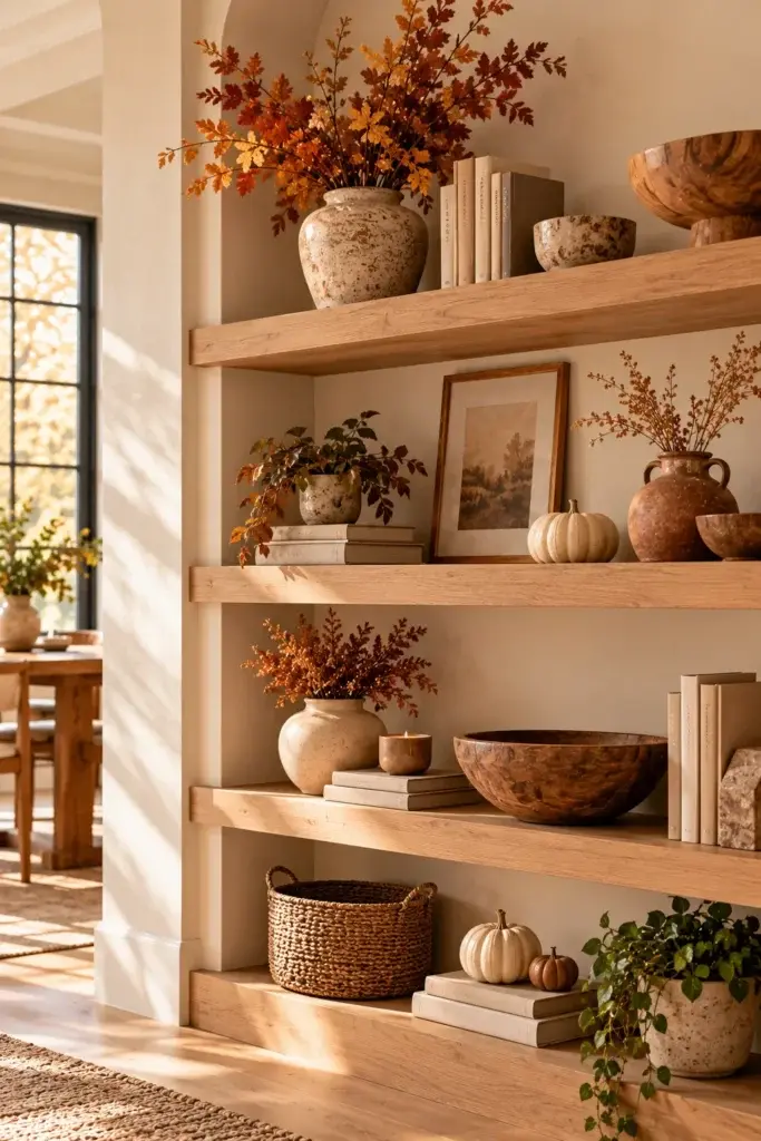Wooden shelves styled with autumn leaf arrangements, small pumpkins, ceramic vases, and stacked books in a sunlit room.