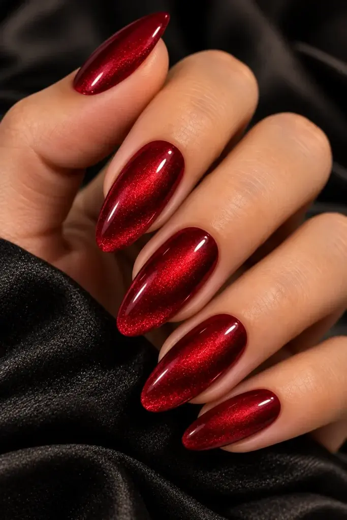 A close-up of long, almond-shaped nails painted with a deep red glitter polish, resting against a dark, textured fabric background.