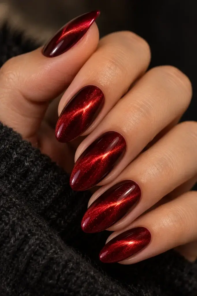 Close-up of long, almond-shaped nails painted with a metallic red cat-eye polish, featuring a glowing streak of light, set against a dark background.