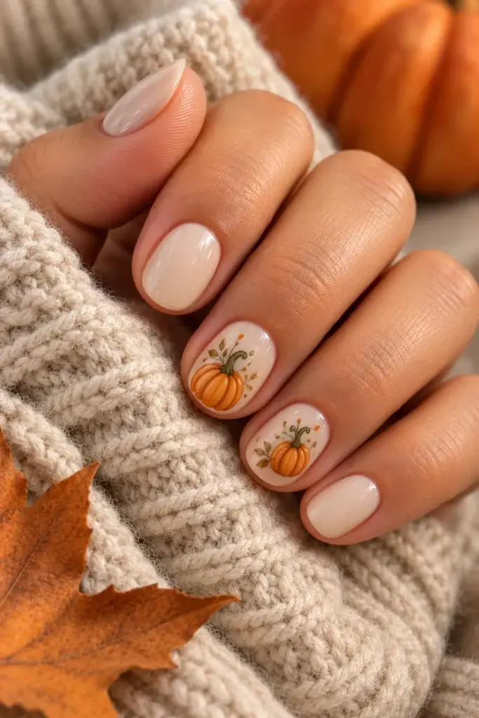 Short rounded nude nails with small orange pumpkin accents.