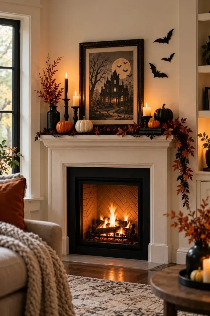 Small fireplace with simple Halloween decorations and space-saving mantel styling.