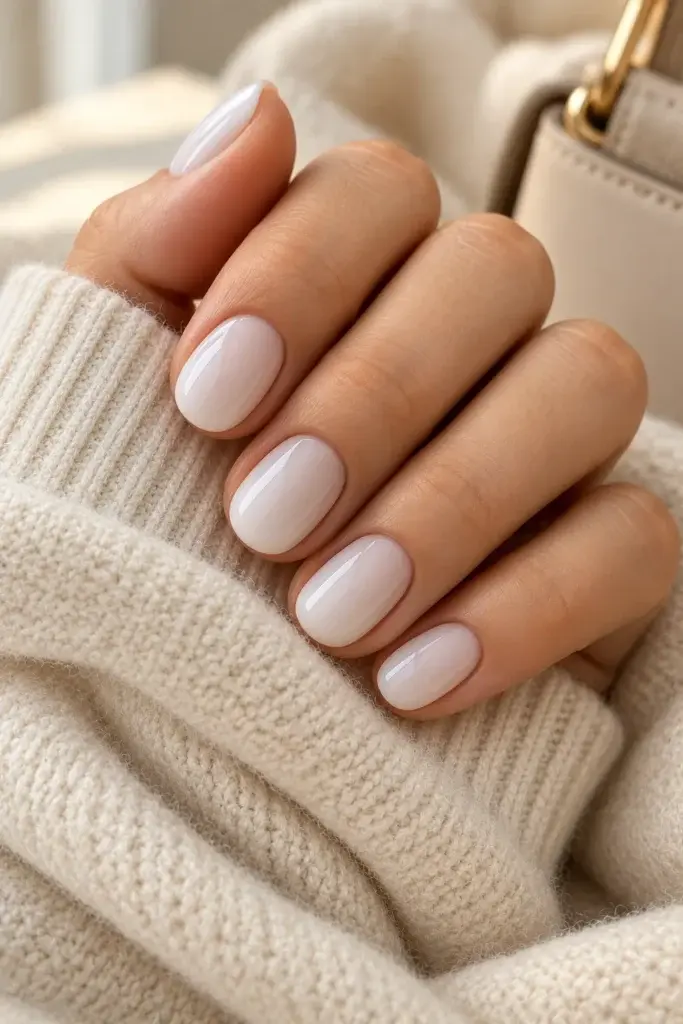 A close-up of a hand with short, almond-shaped nails painted in a glossy, pale cream polish, resting against a chunky beige knit sweater.