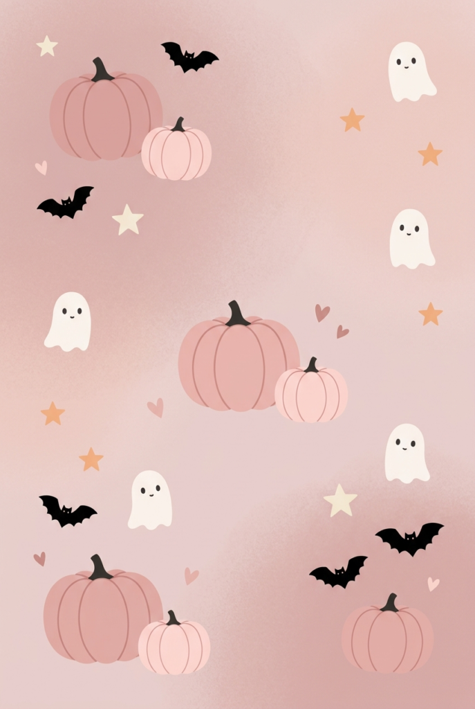 A pastel pink wallpaper design featuring cute white ghosts, black bats, pink pumpkins, and small stars and hearts.