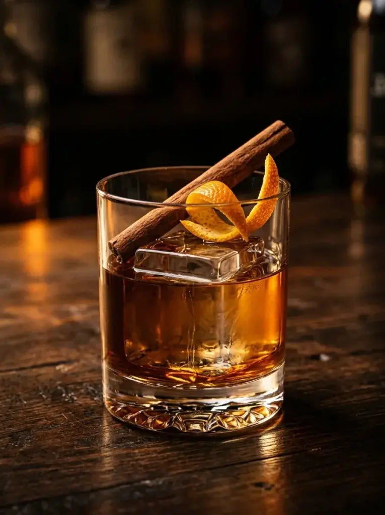 A short glass filled with an amber cocktail, large ice cubes, a cinnamon stick, and an orange peel twist, resting on a dark wooden table.