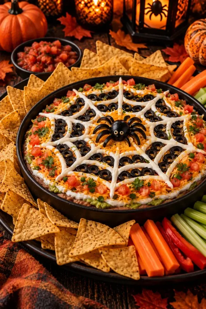 A layered dip in a black bowl decorated with a plastic spider and white sauce web, served with tortilla chips, carrots, and celery on a dark table.