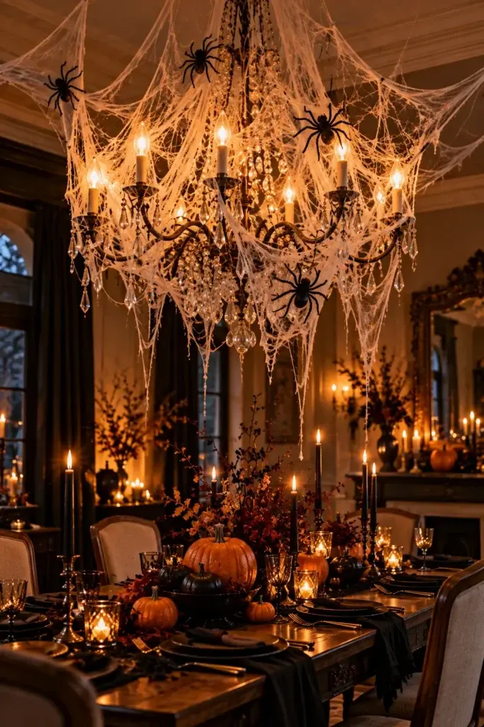A dining room chandelier draped in fake spider webs and black spiders, hanging above a table set with pumpkins, candles, and dark linens.