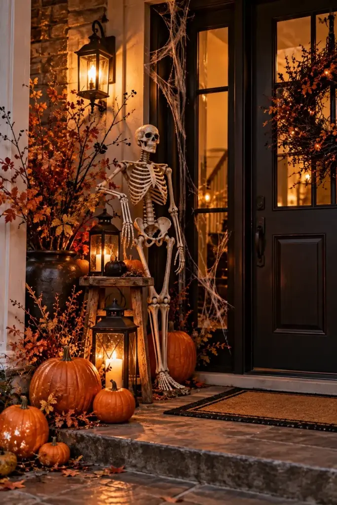 A front porch decorated for Halloween with a skeleton, pumpkins, a lantern, and autumn branches near a black door.