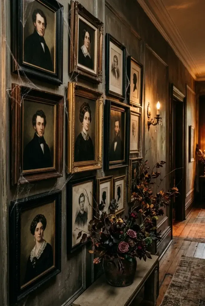 A dimly lit hallway featuring a gallery wall of vintage portraits in ornate frames, decorated with fake spiderwebs and a dark floral arrangement on a console table.
