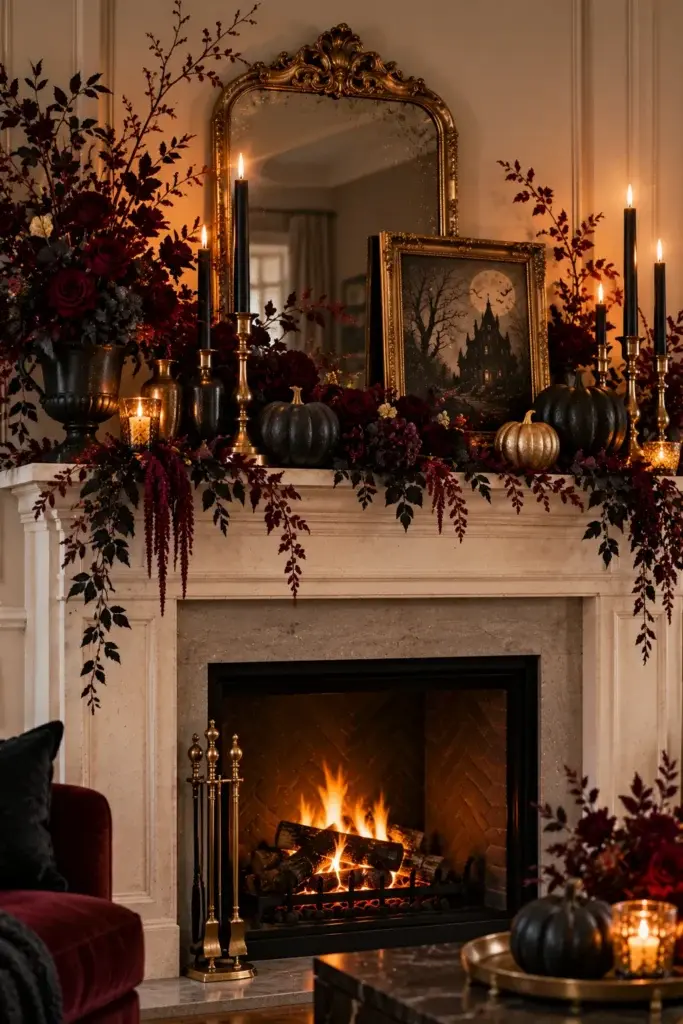 A white marble fireplace mantle adorned with dark red floral arrangements, black candles, gold accents, pumpkins, and a framed haunted house picture.