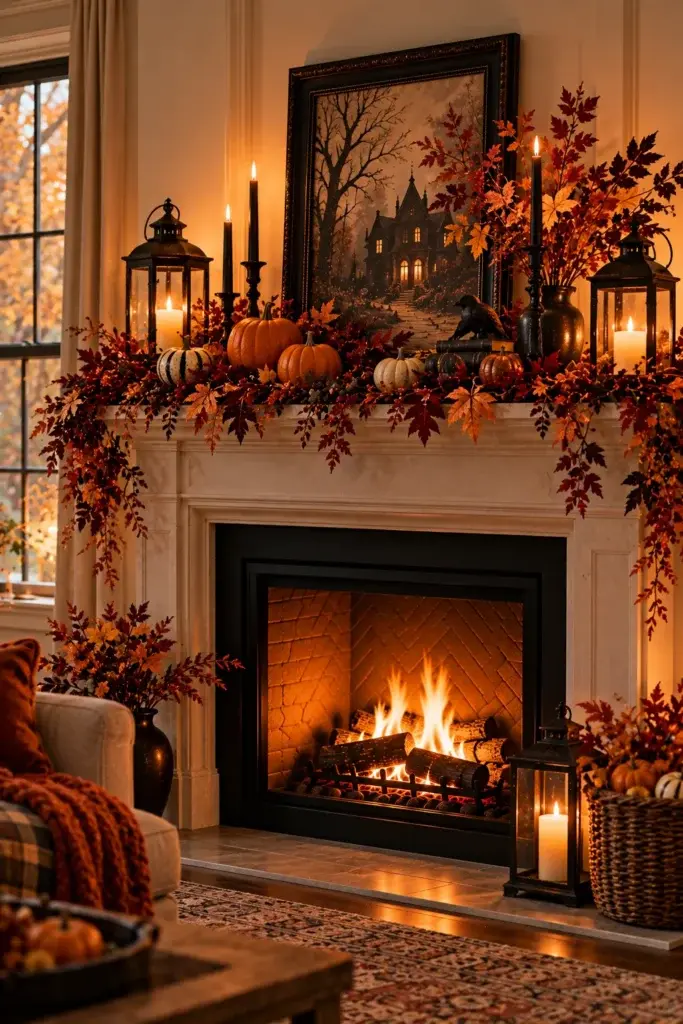 A cozy fireplace mantel adorned with pumpkins, autumn leaves, candles, lanterns, and a framed haunted house picture.