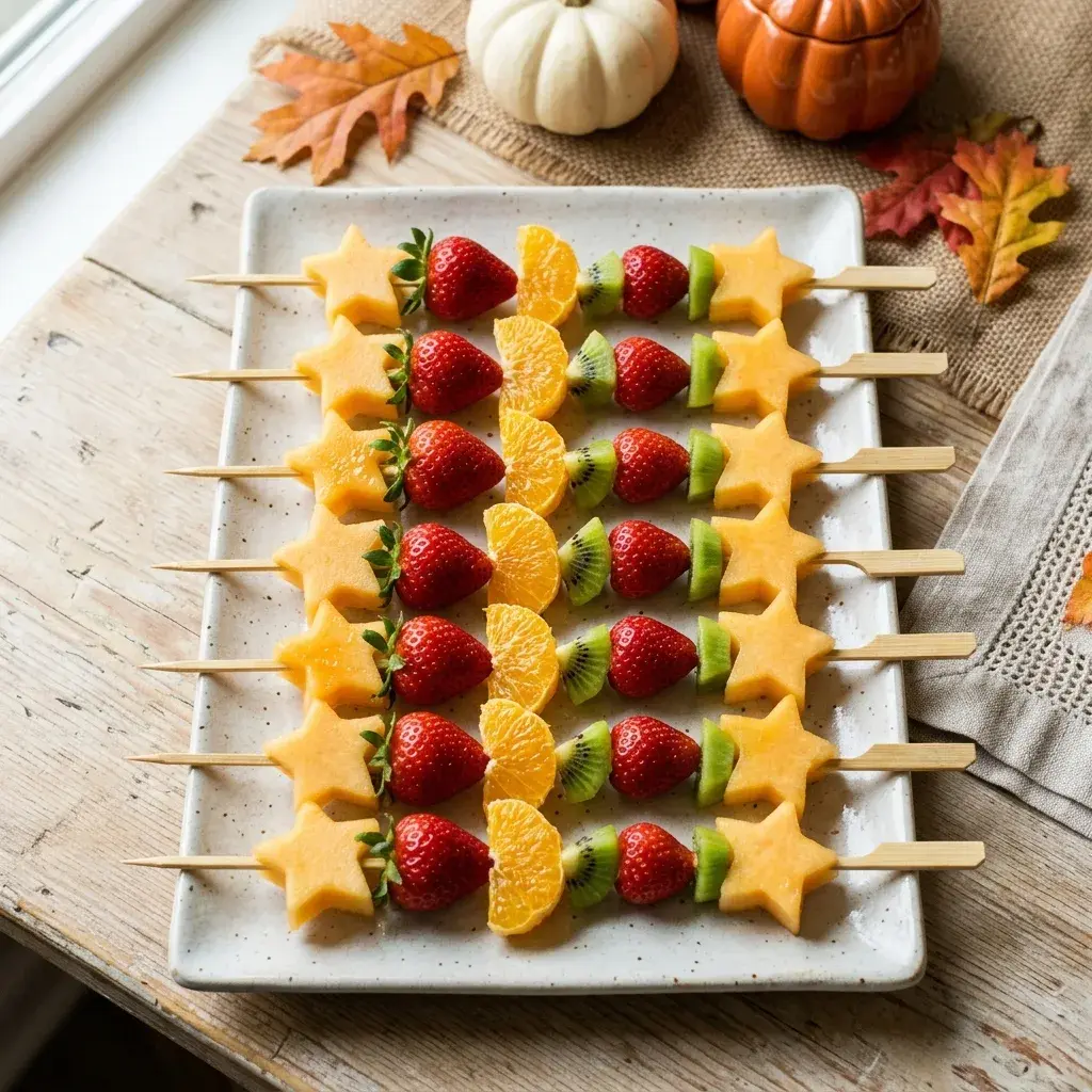 A white rectangular platter holds several fruit skewers featuring star-shaped cantaloupe, strawberries, kiwi, and orange slices, arranged on a rustic wooden table with autumn leaves and small pumpkins in the background.