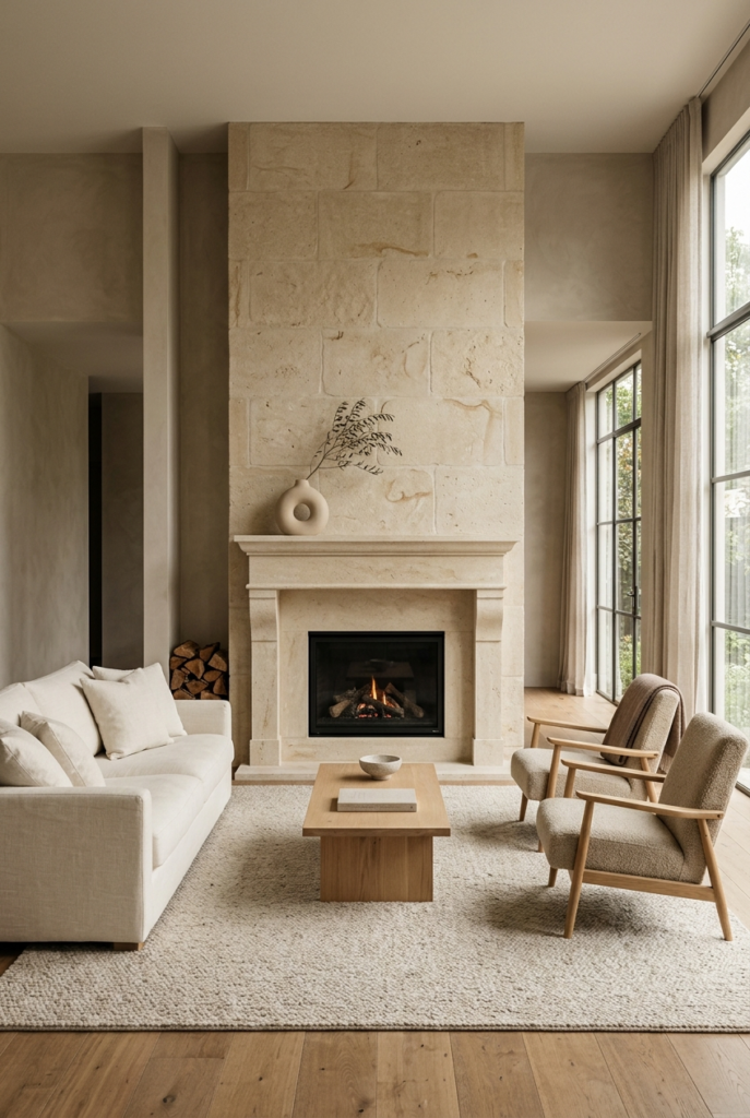 A minimalist living room featuring a large stone fireplace, a white sofa, wooden armchairs, and a textured rug on hardwood floors.