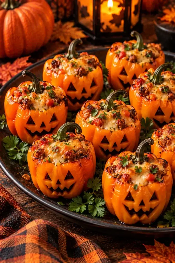 A platter of orange bell peppers carved into jack-o'-lantern faces, stuffed with meat, rice, and melted cheese, garnished with parsley and served on a dark wooden table with a plaid cloth.