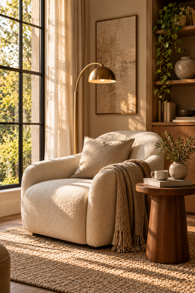 A cream boucle armchair sits by a large window with a wooden side table, woven rug, and brass floor lamp in a warm, neutral living room.