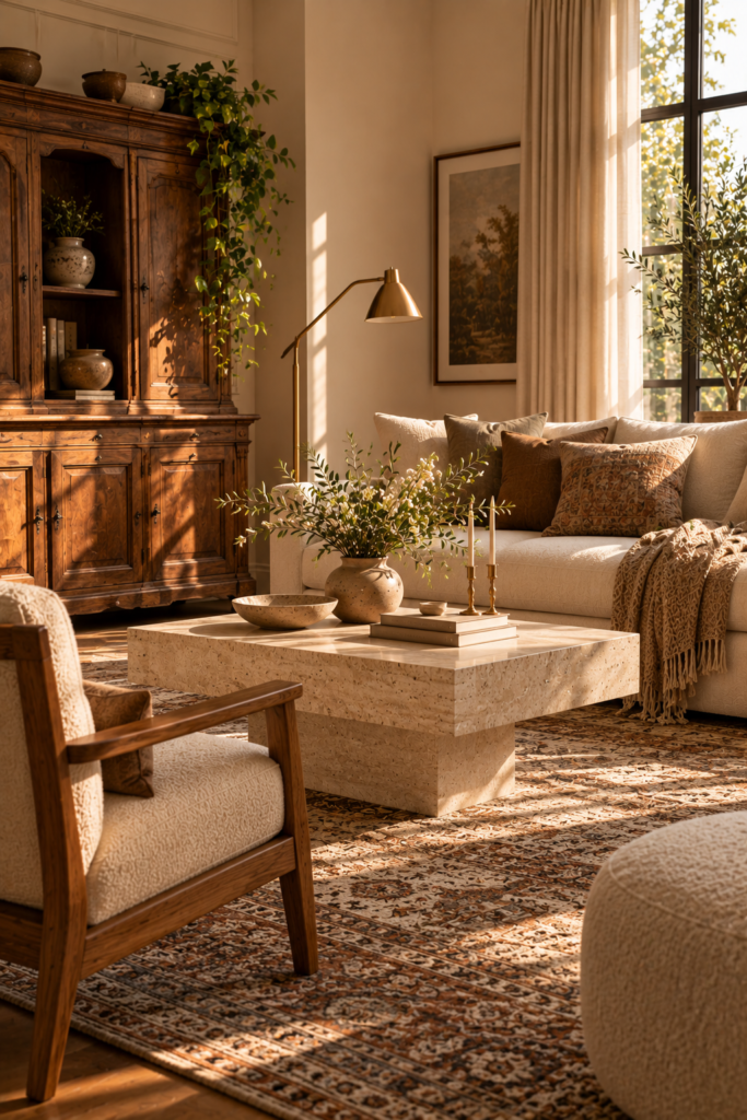 A warm living room featuring an antique wooden cabinet, a stone coffee table, and a sofa with textured pillows, all bathed in natural sunlight.