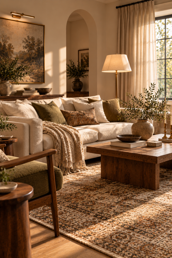 A cream sofa with green and patterned pillows sits in a sunlit room, featuring a wooden coffee table, a patterned rug, and a large framed landscape painting on the wall.