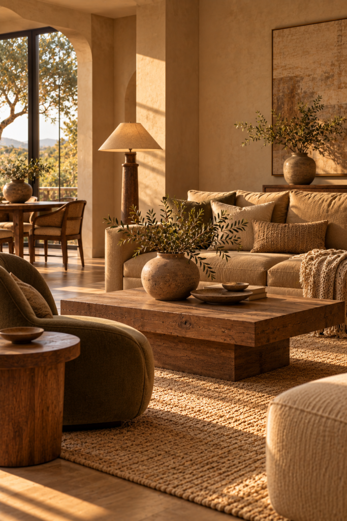 A warm, sunlit living room featuring a beige sofa, rustic wooden coffee table, woven rug, and arched windows looking out onto trees.