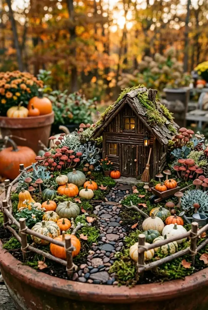 A miniature wooden cottage with a mossy roof sits in a terracotta pot garden, surrounded by tiny pumpkins, mushrooms, and a twig fence.