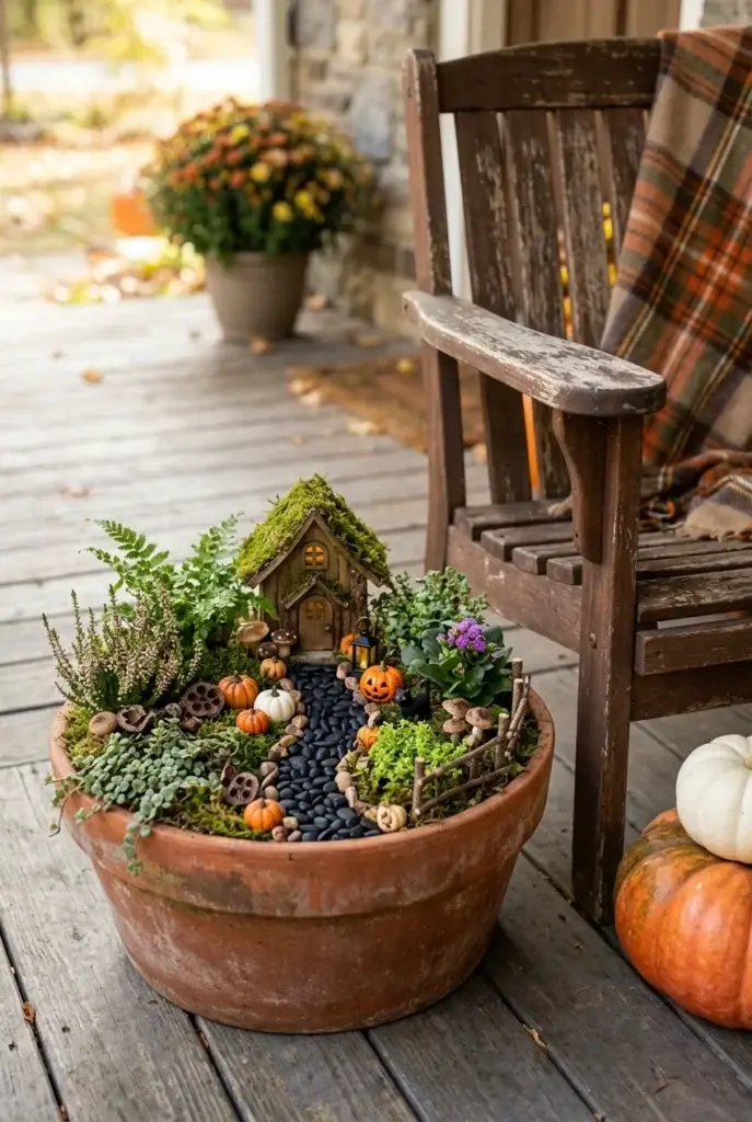 A terracotta pot containing a miniature fairy house with a moss roof, small pumpkins, ferns, and black pebbles, sitting on a wooden deck next to a rustic chair.