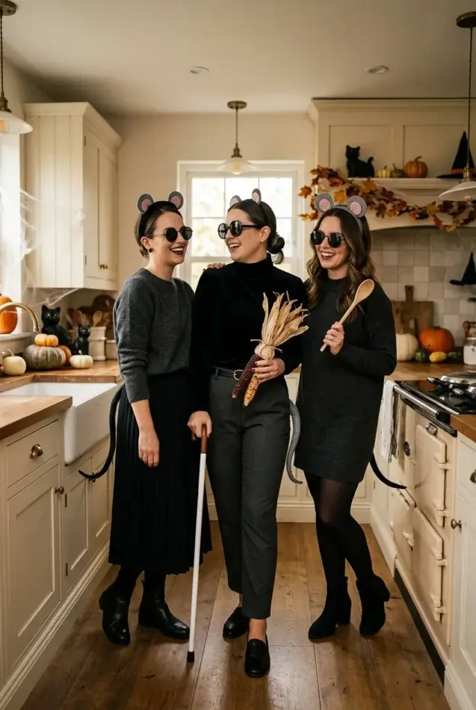 Three women wearing black outfits, sunglasses, and cat ears stand in a kitchen decorated with pumpkins and a black cat figurine.