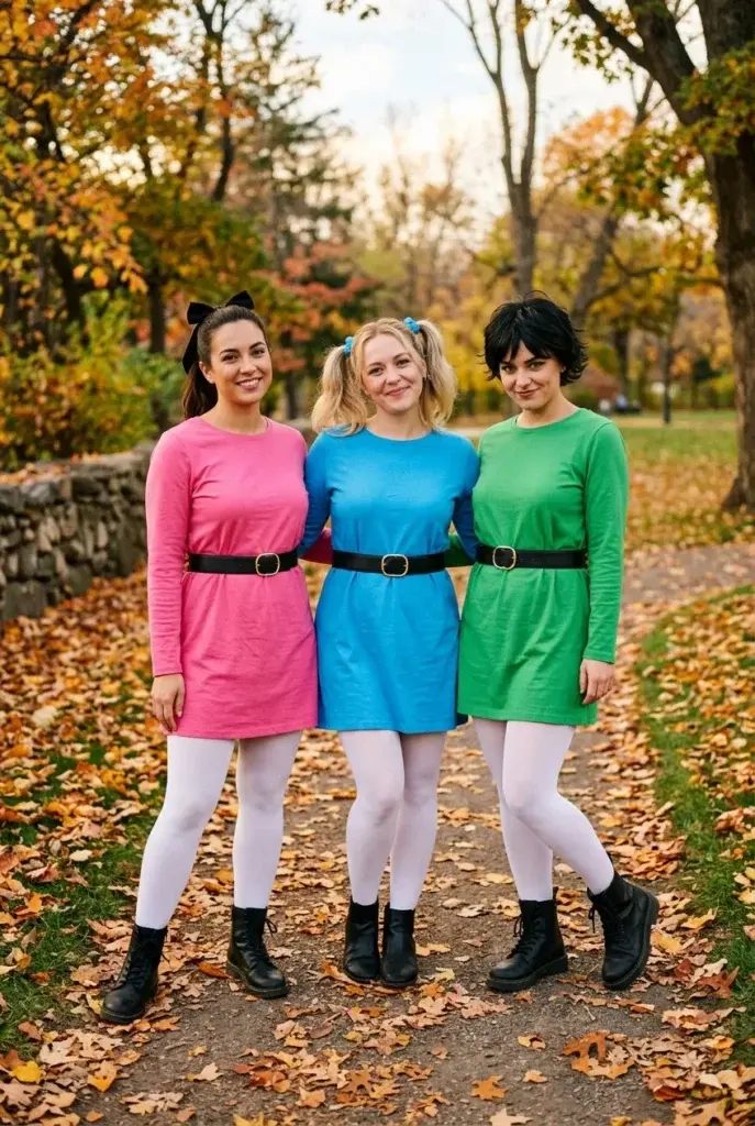 Three women wearing pink, blue, and green dresses with black belts and white tights, standing on a path covered in autumn leaves.