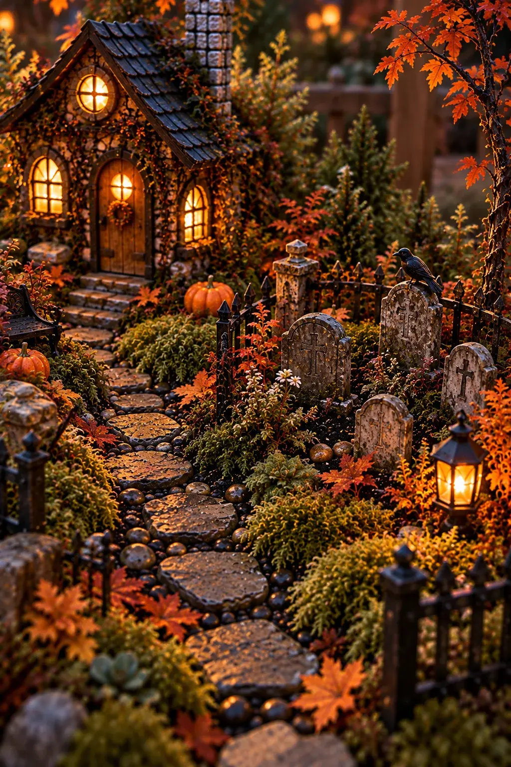 Tiny tombstones and lantern beside a miniature cottage in a Halloween fairy garden.