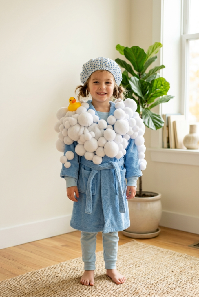 A young child stands in a blue bathrobe with a shower cap, wearing a costume made of white pom-poms and a yellow rubber duck.