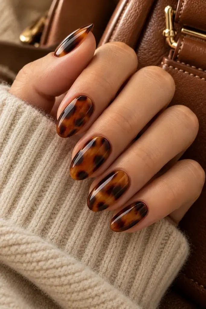A hand with glossy tortoiseshell nail art rests against a brown leather handbag and a cream knit sweater.