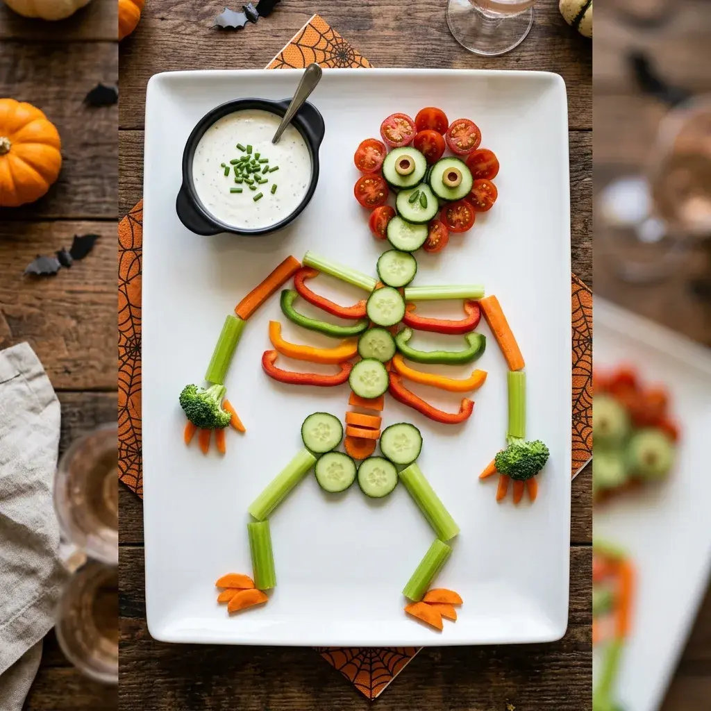 A white rectangular platter holds a skeleton made from celery, cucumber, and carrot slices, with a head of cherry tomatoes and a small bowl of creamy dip on the side.