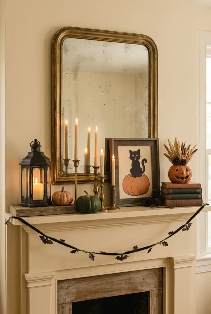 A cream fireplace mantel styled with a distressed gold mirror, black lantern, brass candelabra, small pumpkins, and a framed cat print.
