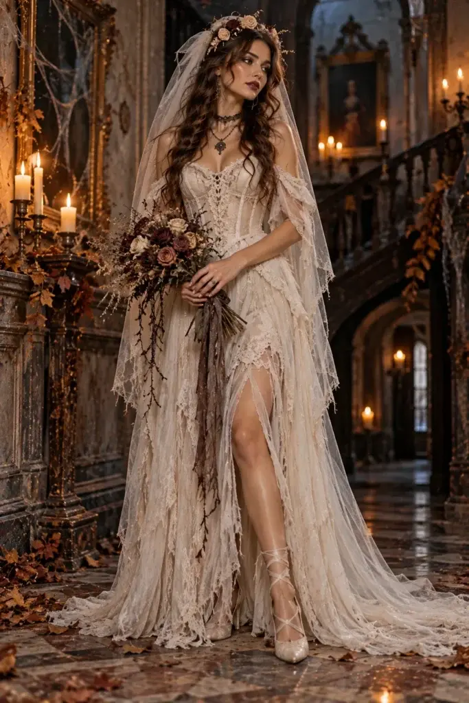 A woman in a tattered, lace wedding dress and veil stands in a dimly lit, gothic hallway with candles and dried flowers.