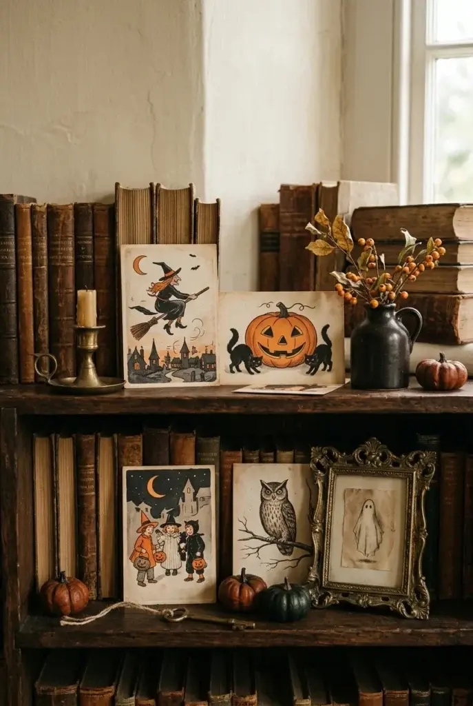 A rustic wooden bookshelf styled with vintage Halloween prints, including a witch on a broom, a jack-o'-lantern, and a ghost, alongside old books, small pumpkins, and a brass candlestick.