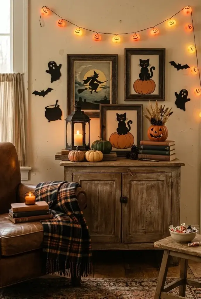 A rustic wooden cabinet decorated with framed black cat art, small pumpkins, a lit lantern, and a string of glowing jack-o'-lantern lights.
