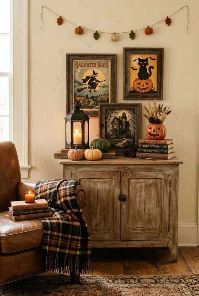 A rustic wooden cabinet decorated with vintage Halloween posters, a black cat print, small pumpkins, a lit lantern, and a stack of books topped with a jack-o'-lantern vase.