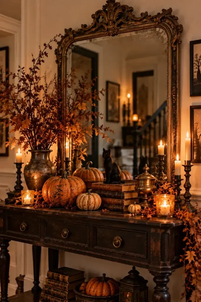 A dark wooden console table styled with a large ornate mirror, lit candles, small pumpkins, a black cat figurine, and dried autumn branches.