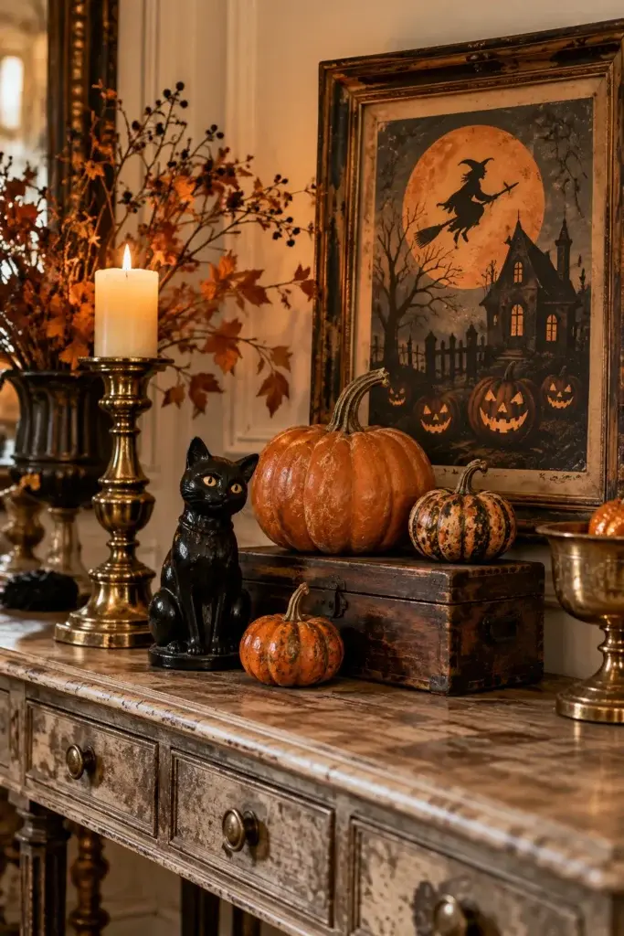 A rustic wooden console table styled with a black cat figurine, small pumpkins, brass candlesticks, and a framed print of a witch flying over a haunted house.