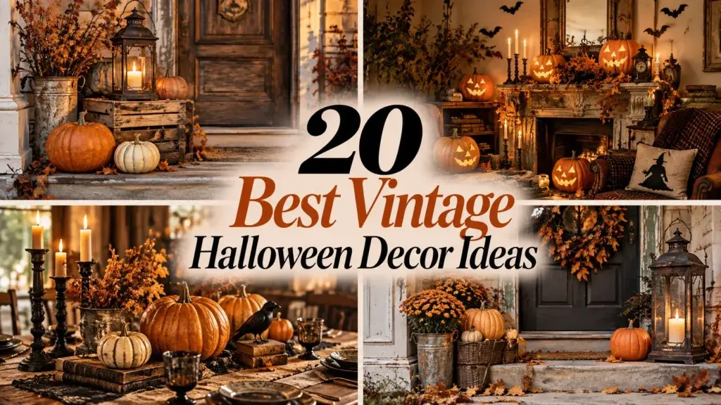 A collage of four scenes showing vintage Halloween decor with pumpkins, candles, and autumn leaves on porches and mantels.