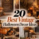 A collage of four scenes showing vintage Halloween decor with pumpkins, candles, and autumn leaves on porches and mantels.