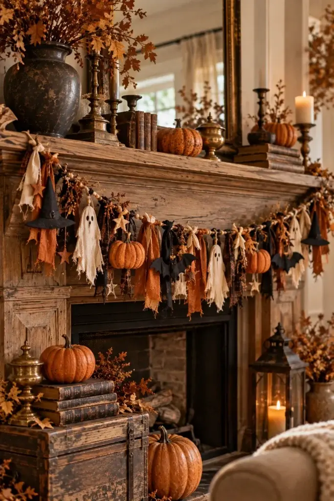 A rustic wooden fireplace mantel decorated with a garland of fabric ghosts, pumpkins, and witch hats, alongside old books, a dark vase with dried leaves, and lit candles.