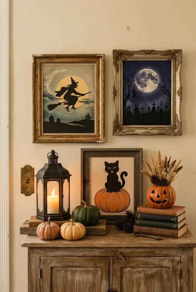 A rustic wooden cabinet topped with a lit lantern, small pumpkins, and stacked books, with framed vintage Halloween art hanging on the wall above.