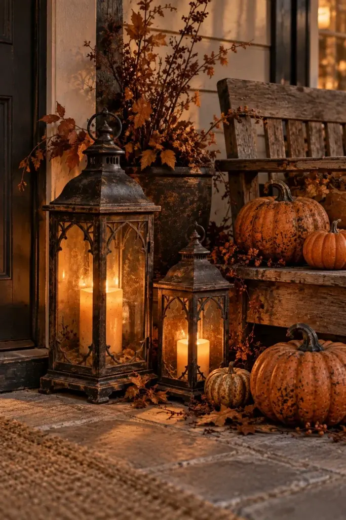 A rustic porch display featuring distressed metal lanterns with lit candles, speckled orange pumpkins, and dried autumn branches arranged on a stone surface.