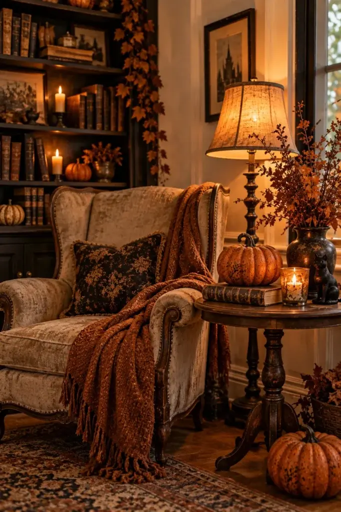 A cozy reading nook with a vintage armchair, rustic pumpkins, and a lit table lamp next to a bookshelf.