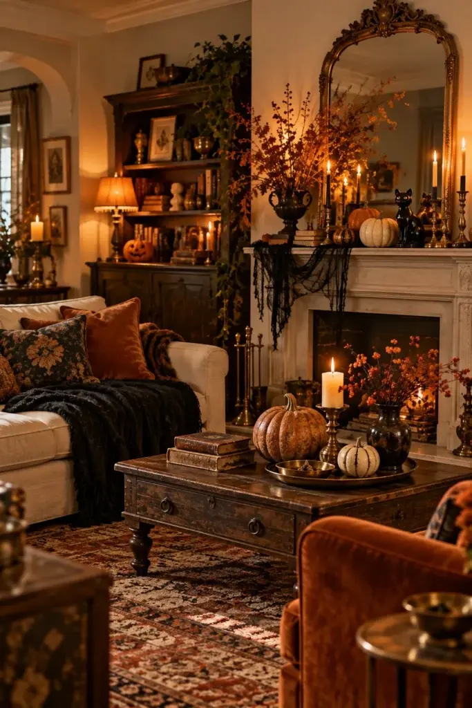 A cozy living room with vintage Halloween decor, featuring a white fireplace, a gold-framed mirror, black cats, pumpkins, and lit candles on a dark wooden table.