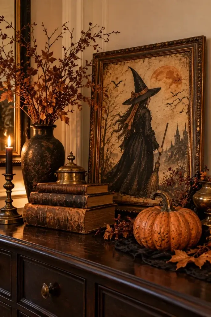 A dark wooden dresser features a framed vintage painting of a witch on a broomstick, stacked old books, a small pumpkin, and a vase of dried branches.