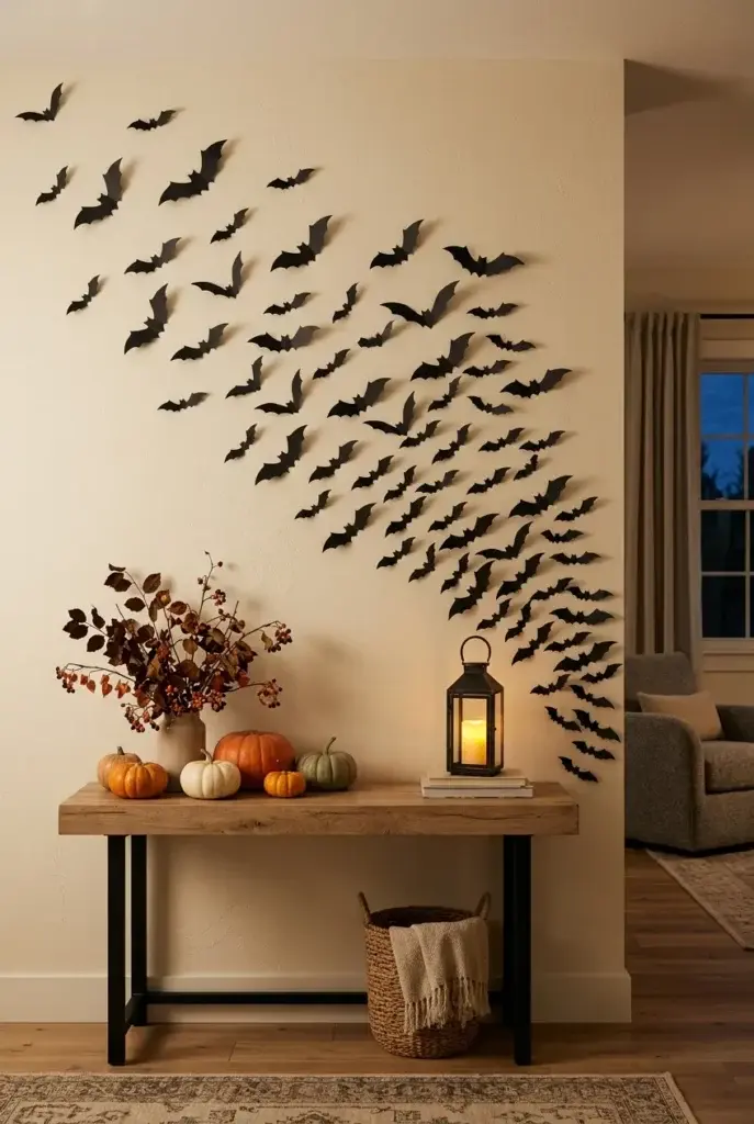 Black bat cutouts arranged in a swirling pattern on a beige wall above a wooden console table holding pumpkins and a lantern.