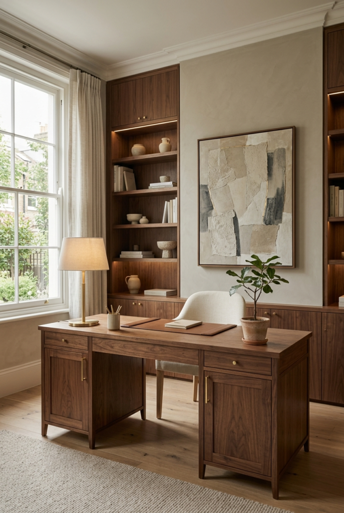 A dark walnut writing desk with brass hardware sits in a home office, flanked by built-in wooden shelving and a large window with sheer curtains.