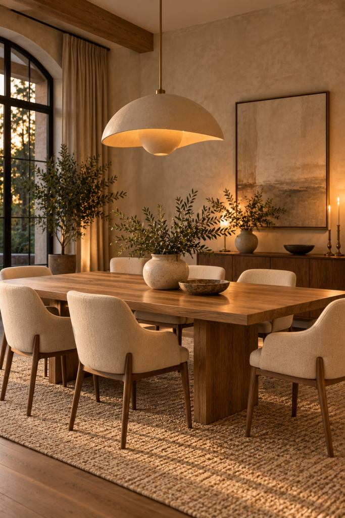 A dining area featuring a solid wood table, cream upholstered chairs, and a woven jute rug under warm pendant lighting.